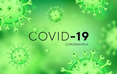 COVID-19 koronavirüs pankartı, 3D illüstrasyon 2019-nCoV. Koronavirüs salgını ve uyarı konsepti olan bir poster. Gerçekçi 3 boyutlu virüs hücreleri olan bir arka plan. Web sitesi için yatay pankart, poster, başlık