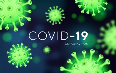 COVID-19 koronavirüs pankartı, 3D illüstrasyon 2019-nCoV. Koronavirüs salgını ve uyarı konsepti olan bir poster. Gerçekçi 3 boyutlu virüs hücreleri olan bir arka plan. Web sitesi için yatay pankart, poster, başlık