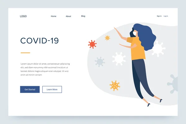 Prevenção do Coronavirus COVID-19. Usando uma máscara para prevenir e epidemia. modelo de site design de página de destino. saúde e conceito médico. ilustração vetorial design plano. espaço de cópia para texto . — Vetor de Stock