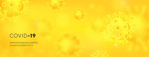 Coronavirus pandémico, Covid-19 Ilustración vectorial con fondo horizontal de bacterias 3D. Microbios de la pancarta médica Coronavirus. Tipo mortal de virus Covid-19, banner sanitario. Ilustración vectorial — Archivo Imágenes Vectoriales