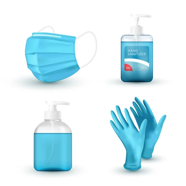 Realistyczna niebieska maska medyczna, medyczne rękawice lateksowe, mydło do rąk i środek dezynfekujący. Ochrona przed wirusami. Zestaw ikon 3D. Ilustracja wektora. Ilustracja Stockowa
