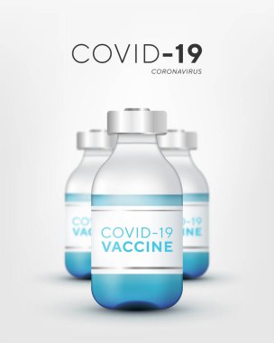 Bulanık efektli 3 boyutlu gerçekçi cam ampuller. Aşı enjeksiyonu. Corona virüsü enfeksiyonu, yeni Coronavirus hastalığı 2019, COVID-19, nCoV 2019. Vektör illüstrasyonu.