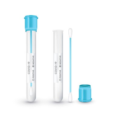 Nazofaringeal numuneler için pamuklu çubukla test tüpü. Coronavirus SARS CoV-2 laboratuvarında test etmek için gerçekçi bir tüp. Covid-19 NCP 'nin belirlenmesi için Nasofaringeal test. Vektör illüstrasyonu.