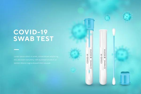 Nazofaringeal numuneler için pamuklu çubukla test tüpü. Gerçekçi tüp 3 boyutlu set. Corona virüsü enfeksiyonu, yeni Coronavirüs hastalığı 2019. Pankart ve web sitesi için konsept pazarlama, iniş sayfası şablonu.
