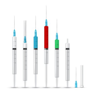 Tıbbi şırınga çizimleri ayarlandı. Beyaz arka planda izole edilmiş gerçekçi şırınga koleksiyonu. Tıbbi uyuşturucu enjeksiyonu için şırıngalar, bakım ve tedavi için aşılar.