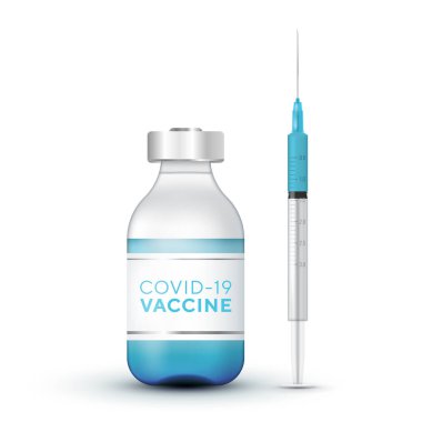 Gerçekçi 3 boyutlu cam ampuller ve şırınga. Aşı Coronavirus Covid-19, Coronavirus aşısı. Tıbbi geçmişi var. Vektör illüstrasyonu