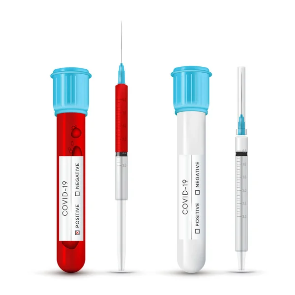 Des fournitures médicales réalistes. Set réalistes 3d éprouvettes en verre, tubes à essai de laboratoire et seringues. Illustration vectorielle sur fond transparent. Coronavirus Covid-19, nouveau coronavirus. 3d — Image vectorielle