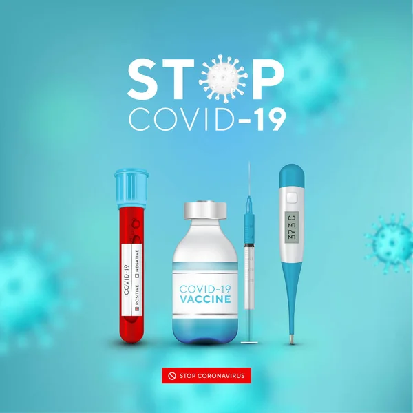 Зупиніть банер Coronavirus з порожнім простором для вашої творчості. Швидкий тест Covid-19, вакцина, термометр, шприц, 3d вірусних клітин на синьому фоні. Коронавірусна хвороба, Вектор . — стоковий вектор