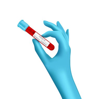 Tıbbi lateks eldiven, üzerinde COVID-19 testi için kan örneği olan test tüpü. Coronavirus Covid-19, Corona Virüsü Hastalığı 2019. Beyaz arka planda 3D eldivenler. Vektör illüstrasyonu.