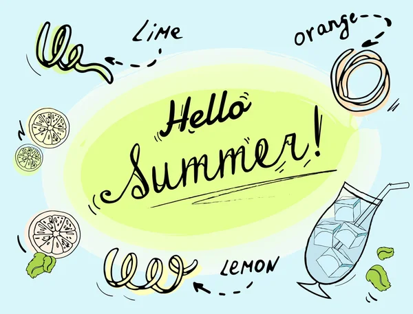 Bebida fresca con boceto de cáscaras de limón, lima y naranja — Vector de stock