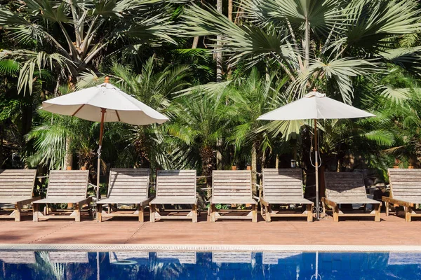 Tumbonas junto a la piscina en los trópicos — Foto de Stock