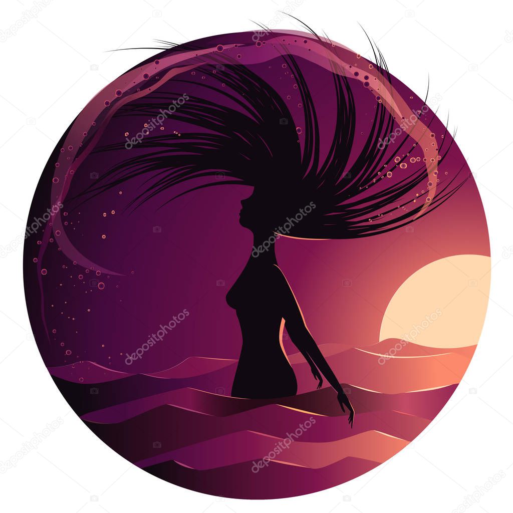 Woman silhouette in sunset flipping her hair