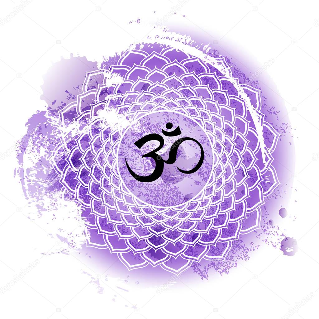 seventh crown chakra Sahasrara on purple watercolor background