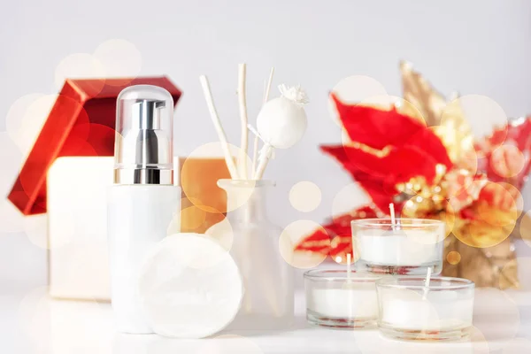 Romántico rojo y blanco Navidad spa cosméticos fondo —  Fotos de Stock