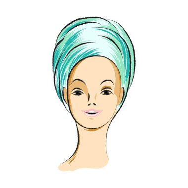 Kafa havluya ile mutlu gülümseyen kadın. Düz vektör çizim. Spa konsept