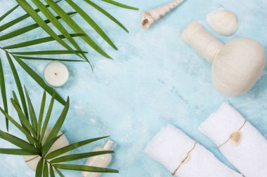 Üstten Görünüm spa arka plan yat: Tay masajı çanta, havlu ve palmiye yaprakları üzerinde mavi arka plan. Sağlıklı bir yaşam tarzı. Metin alanı