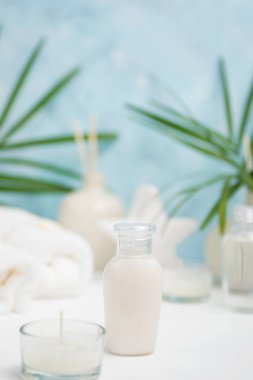 Spa arka plan: Tay masajı çanta, kozmetik, havlu ve palmiye yaprakları üzerinde mavi arka plan. Sağlıklı bir yaşam tarzı. Metin alanı