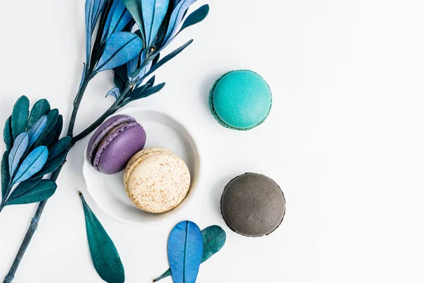 Üstten Görünüm düz renkli macarons ve mavi beyaz masa yapraklarda yatıyordu. Yaratıcı tatlı kavramı