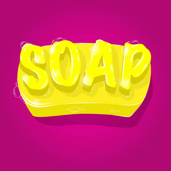 stock vector vibrant yellow soap with 3D lettering and foam on pink background. Self care, hyegene concept. Vector illustration