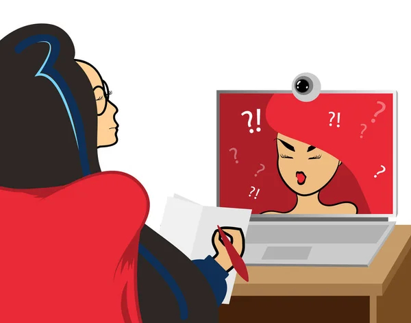 Koronavirüs yüzünden izolasyon sırasında uzak videodaki psikolog ve endişeli müvekkil. Psikoterapi, konuşma terapisi, akıl sağlığı konsepti. Vektör illüstrasyonu