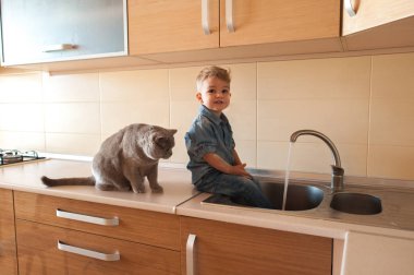 mutlu bebek ile kedi masaya oturma