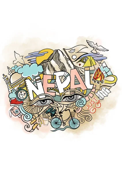 Vektor Illusztráció Nepál Szó Élénk Természet Tárgyak Amelyek Jelképezik Ország Stock Kép