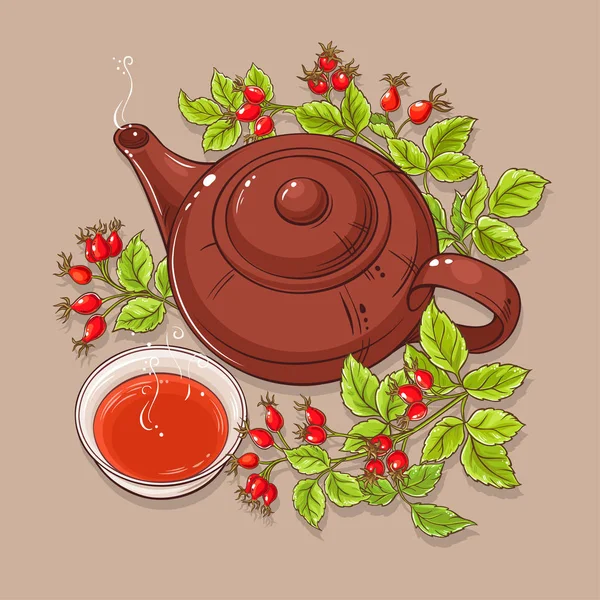 Taza de té de rosa mosqueta silvestre y tetera — Vector de stock