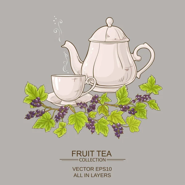 Taza de té de grosella negra y tetera — Vector de stock