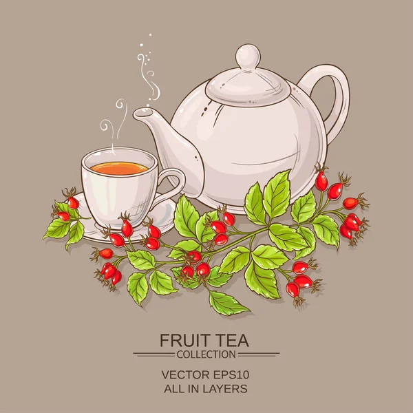 Taza de té de rosa mosqueta salvaje y tetera — Vector de stock