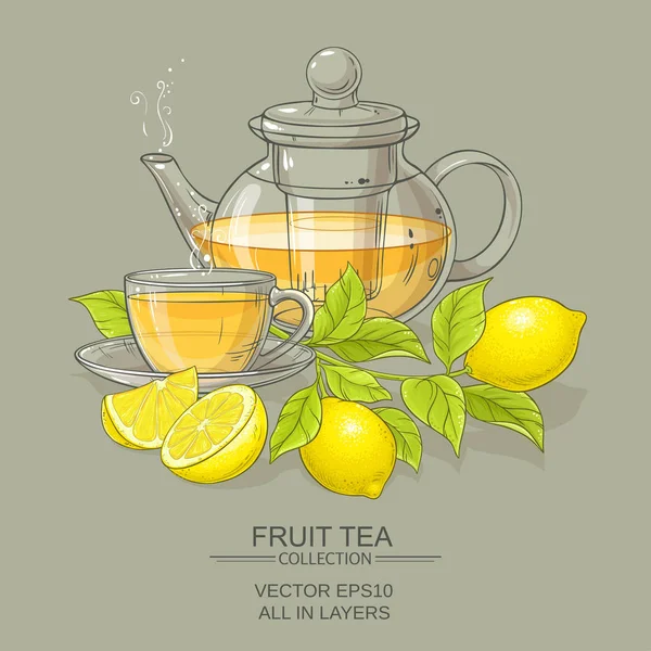 Taza de té de limón y tetera — Vector de stock