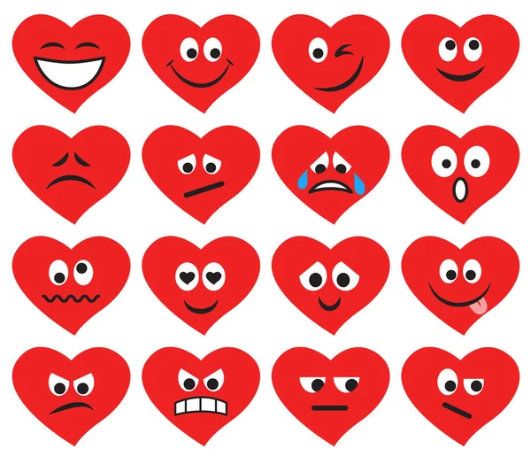 Conjunto de emoticonos y emojis en forma de corazón rojo — Archivo Imágenes Vectoriales