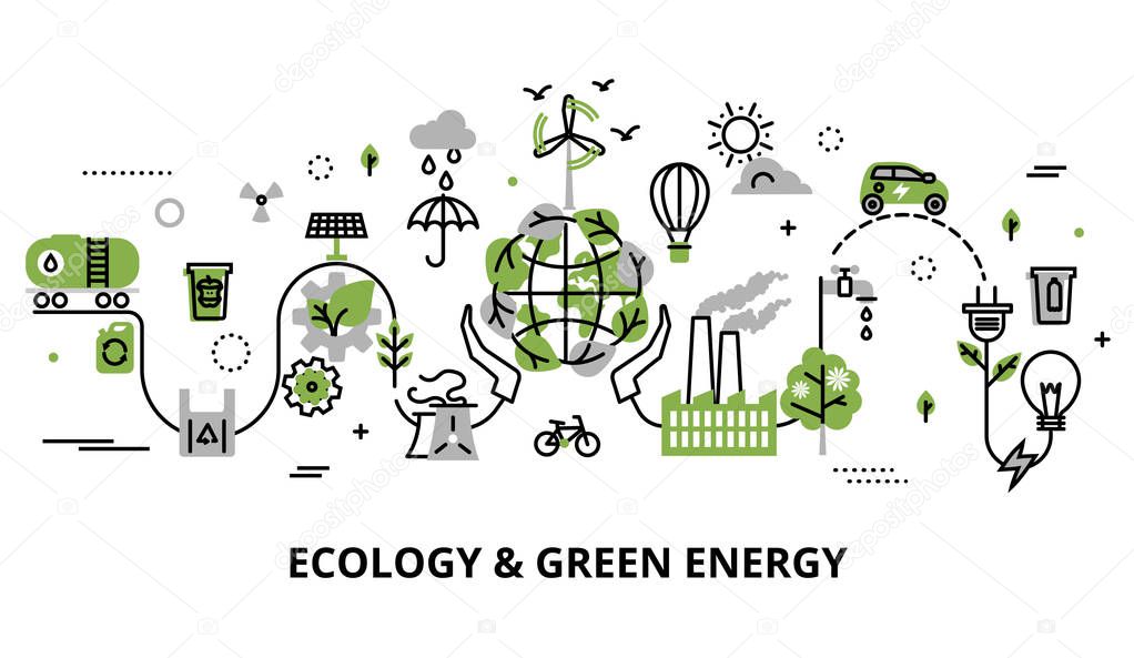 Modern flat thin line design vector illustration, infographic concept of ecology problem, generation and saving green energy for graphic and web design