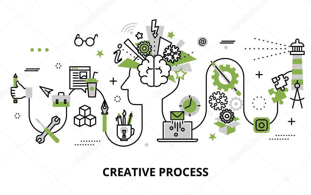 Modern flat thin line design vector illustration, concept of creative process, defining and research problem, for graphic and web design