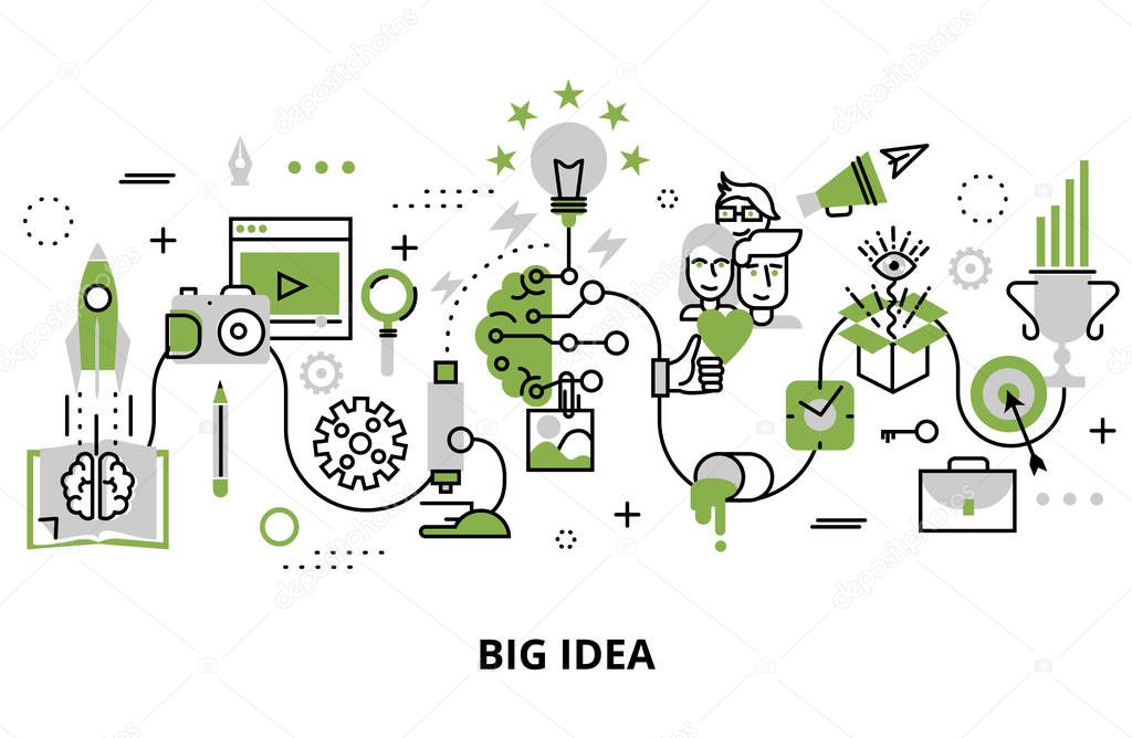 Modern flat thin line design vector illustration, concept of creative big idea in greenery color, for graphic and web design