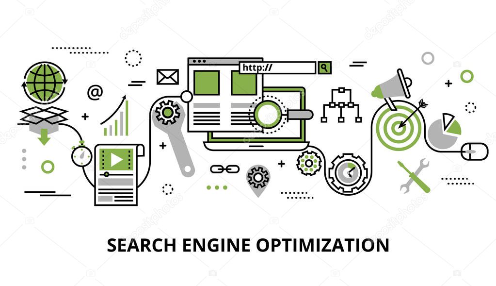 Modern flat thin line design vector illustration, concept of search engine optimization, for graphic and web design