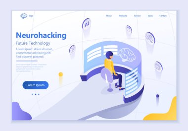 Gelecekteki teknoloji - Nöro hack, 3 boyutlu izometrik vektör çizimi, grafik ve web tasarımı için