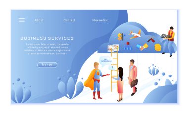 İş Hizmetleri kavramının yaratıcı web sitesi şablonu, düz tasarım vektör çizimi