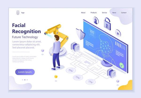 Майбутня Технологія Розпізнавання Обличчя Ізометрична Векторна Ілюстрація Графічного Веб Дизайну — стоковий вектор