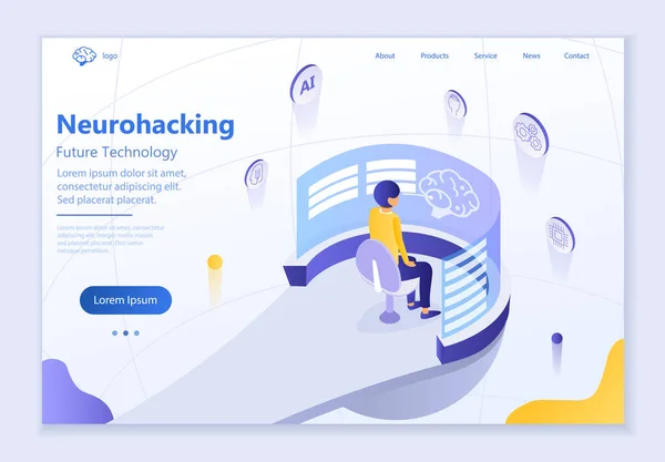 将来の技術 グラフィックスとウェブデザインのためのニューロハッキング 3Dアイソメトリックベクトルイラスト — ストックベクタ