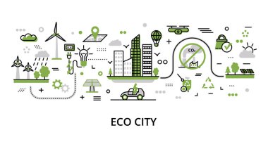 Infographic yeşillik Eco City konsepti, modern düz çizgi vektör çizimi, grafik ve web tasarımı için