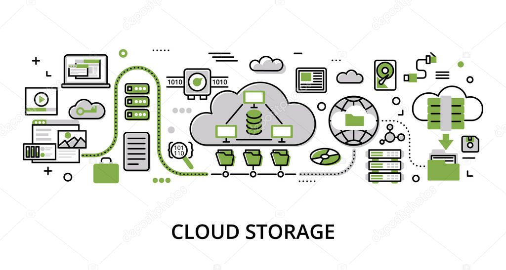 Infographic greenery Cloud Storage concept, modern flat thin line vector illustration, for graphic and web design