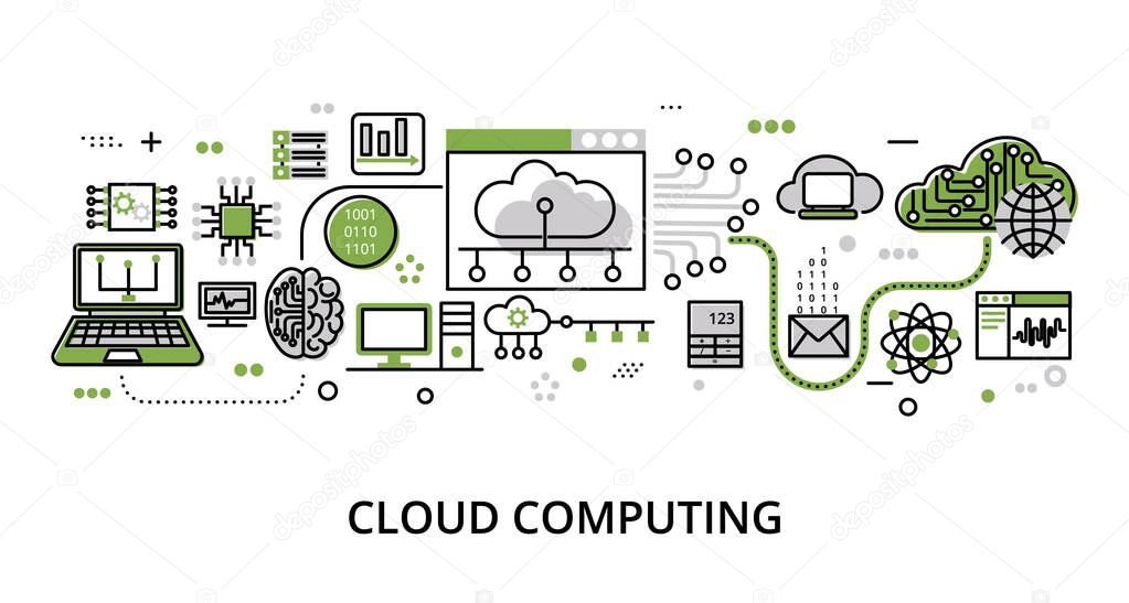 Infographic greenery Cloud Computing concept, modern flat thin line vector illustration, for graphic and web design