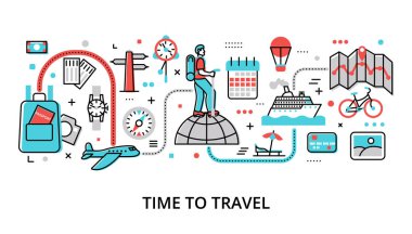 Infographic Time to Travel konsepti, modern düz çizgi vektör çizimi, grafik ve web tasarımı için