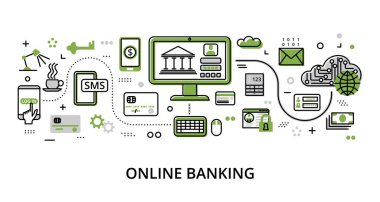 Çevrimiçi Çevrimiçi Bankacılık Konsepti, grafik ve web tasarımı için modern düz çizgi tasarım vektör çizimi çizimi