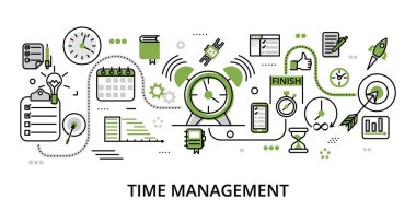 Infographic greenery Time Management concept, modern flat thin line design vector illustration, for graphic and web design clipart