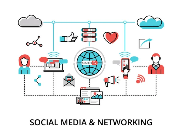 Infografika Social Media Networking Koncepcja Nowoczesna Płaska Cienka Linia Wektorowa — Wektor stockowy