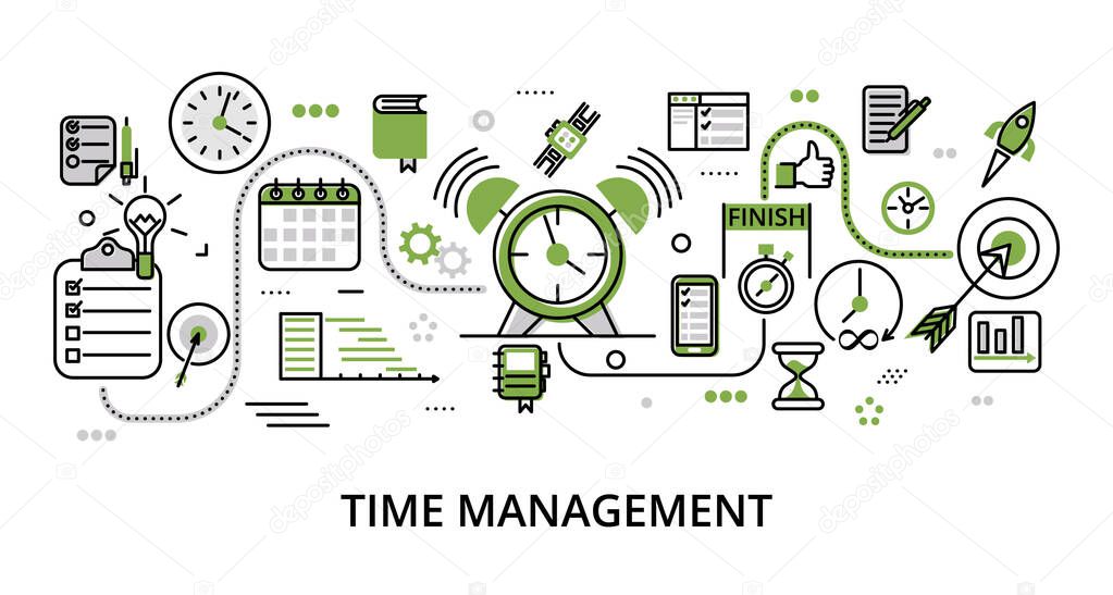 Infographic greenery Time Management concept, modern flat thin line design vector illustration, for graphic and web design