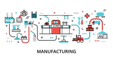 İmalat kavramı, grafik ve web tasarımı için, modern düz düzenlenebilir çizgi vektör çizimi illüstrasyonu