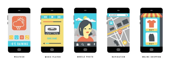 Ensemble Concepts Applications Mobiles Sur Smartphone Noir Avec Différents Éléments — Image vectorielle