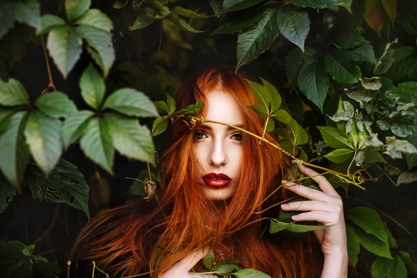 Рыжеволосая Девушка Листьях Дикого Винограда — стоковое фото